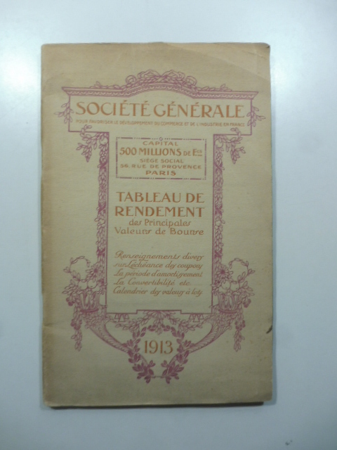 Societè generale pour favoriser le developpement du commerce et de l'industrie en France. Tableau de rendement des principales valeurs de bourse